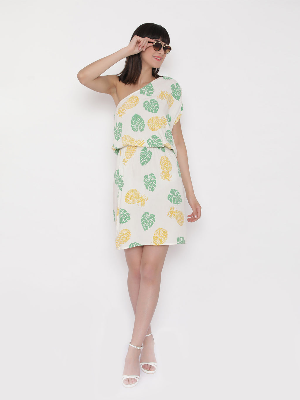 One shoulder Tropical Printed Dress with blouson waist