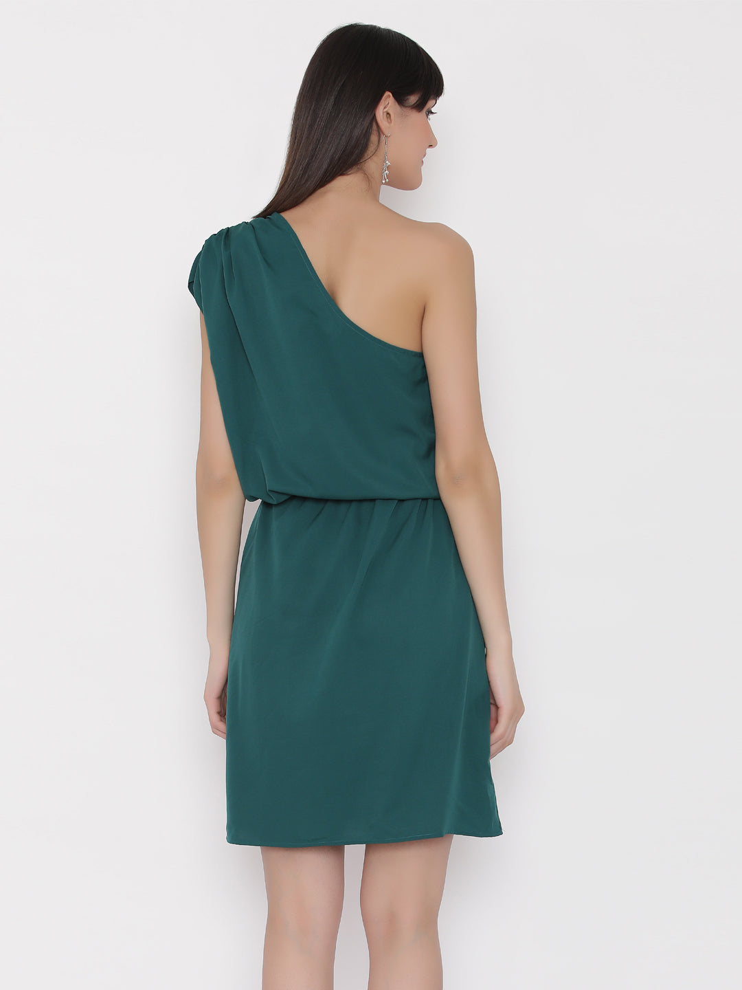 One shoulder Dress with blouson waist and patch pockets in Green