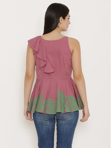 Peplum top with asymmetric ruffle and printed hem in Mauve