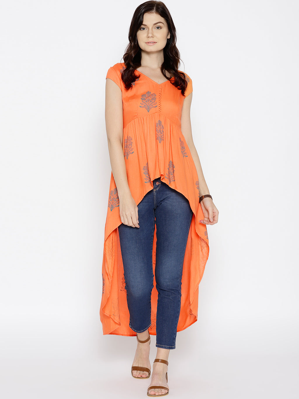 High Low Block Printed Top in Peach