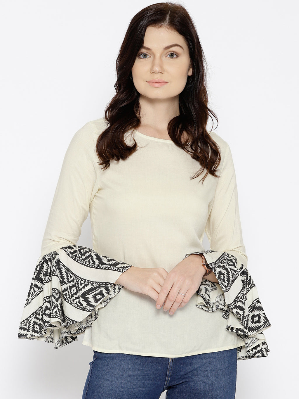 Ikat Printed bell sleeve boat neck top in Off white