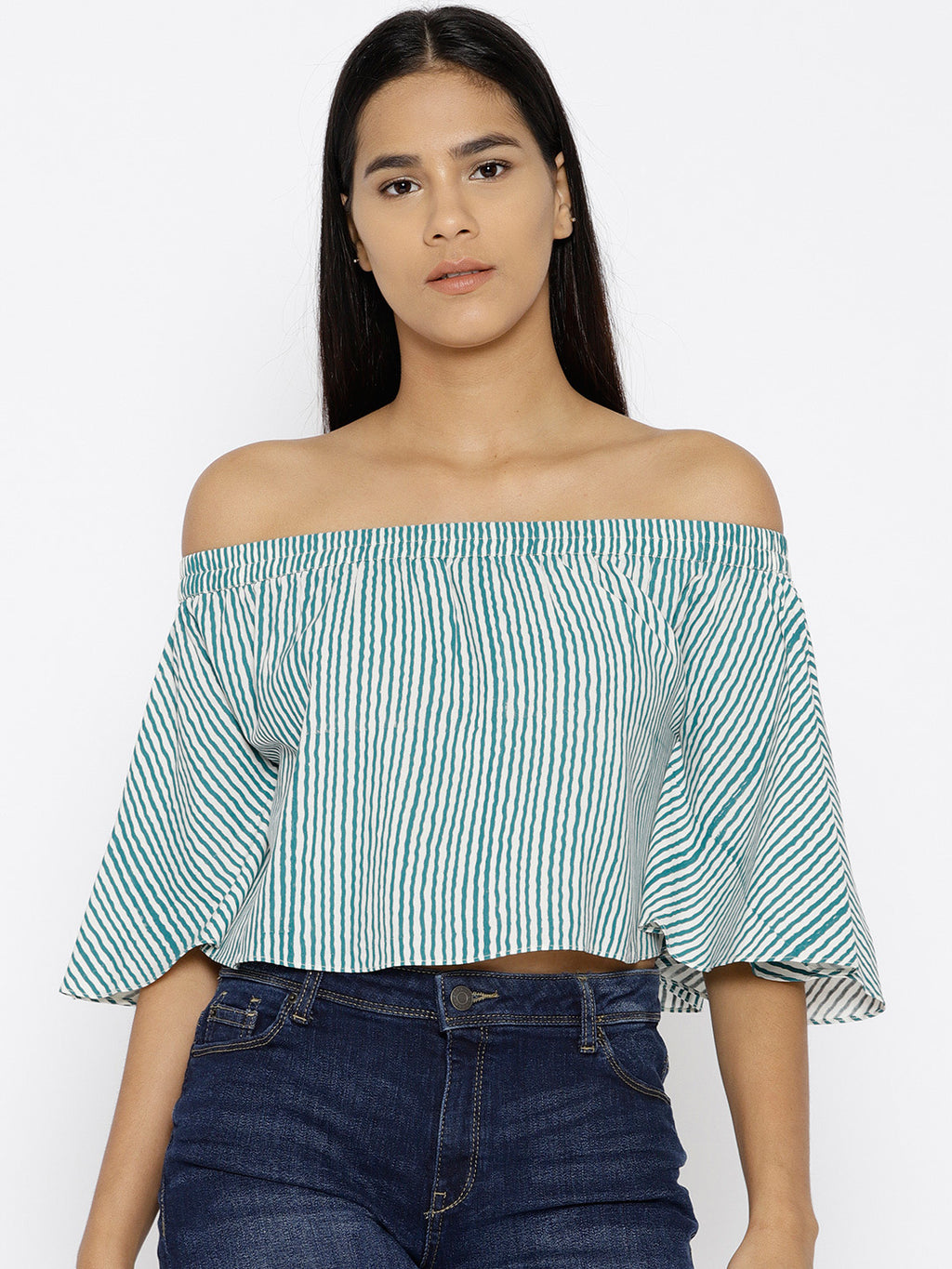 Off shoulder Striped crop top in Blue