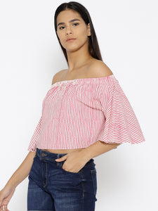 Off shoulder Striped crop top in Pink