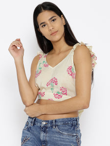Back tie up Printed Crop Top in Off White