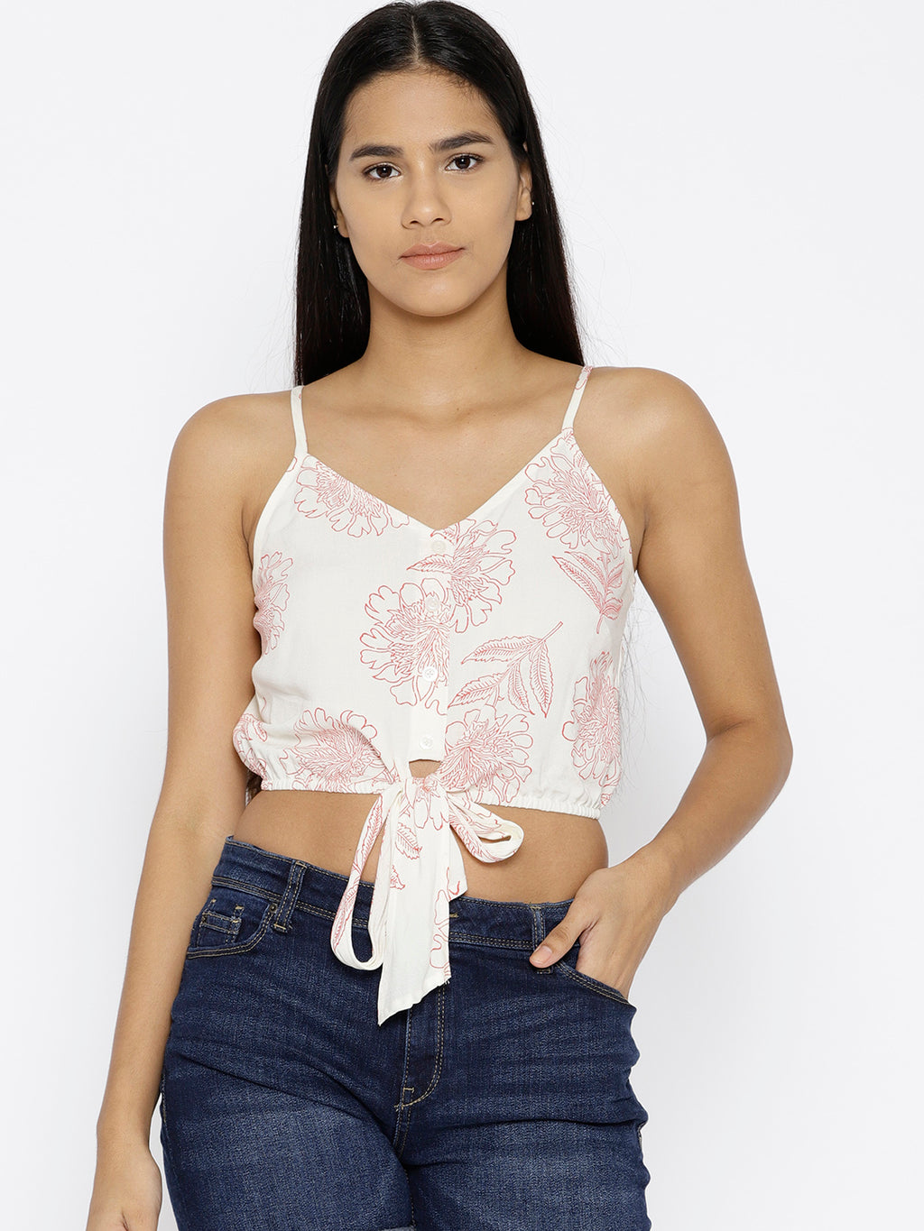 Front tie printed crop top in Pink