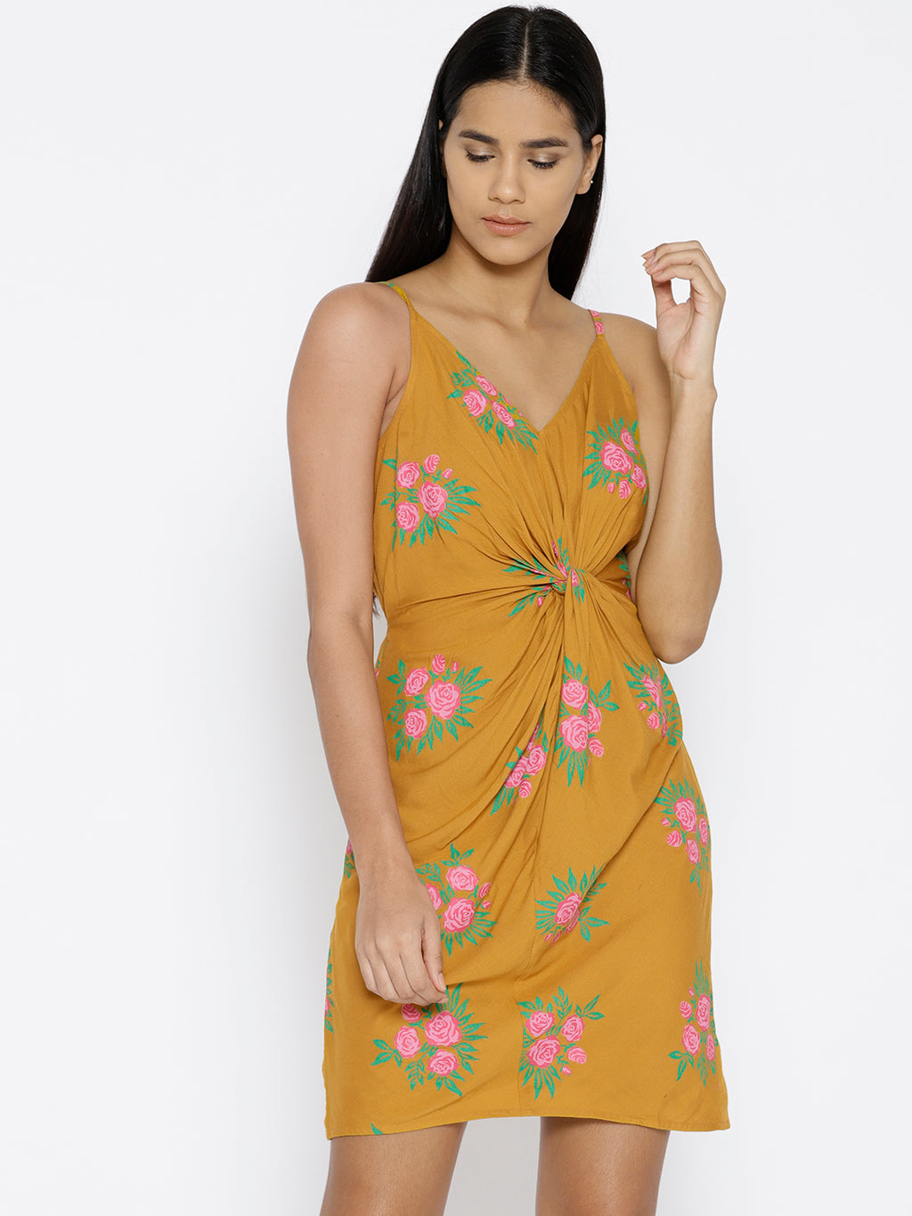 Front twist strap printed dress in Mustard