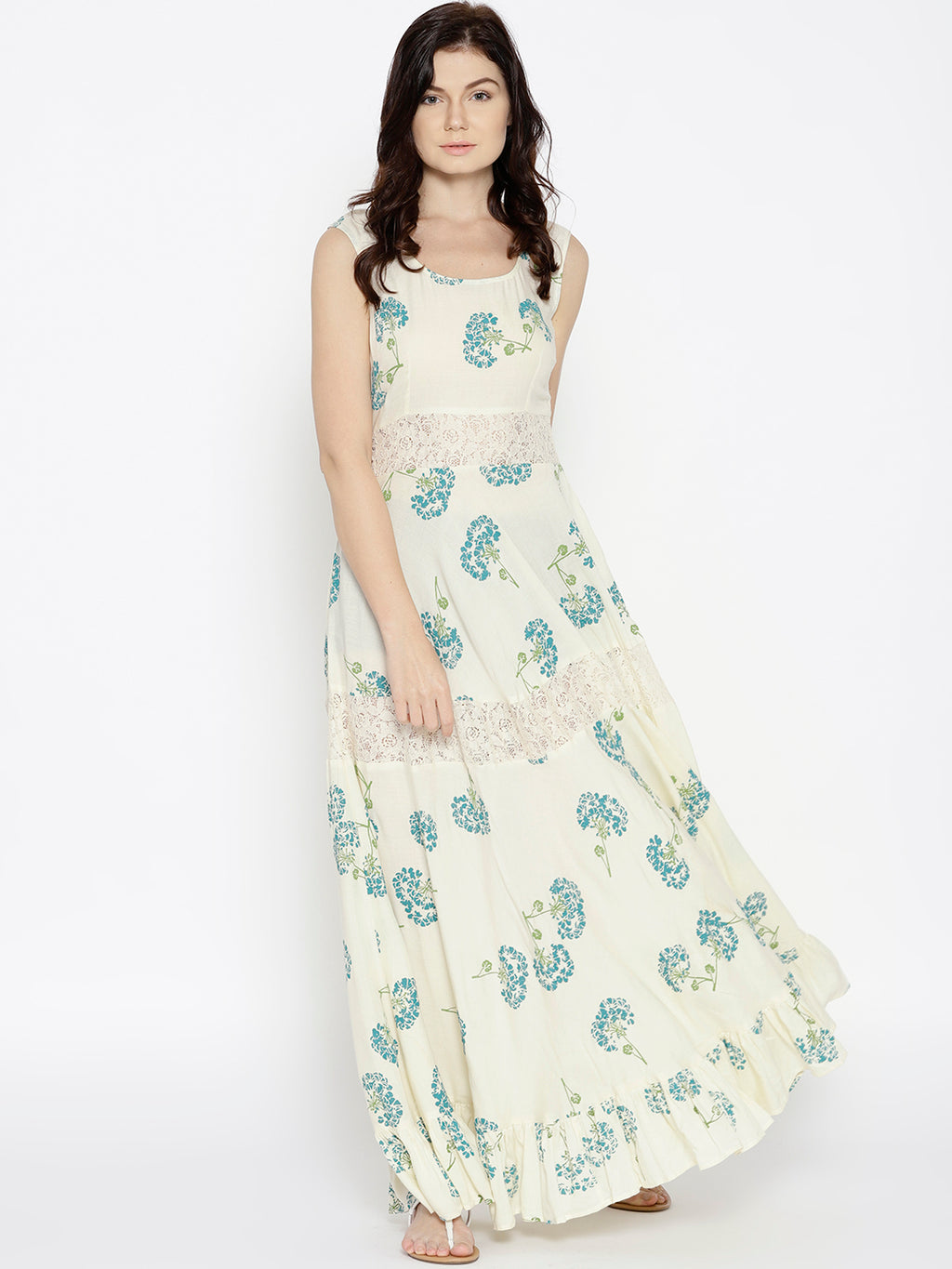 Floral printed maxi dress with lace inserts with Blue Print