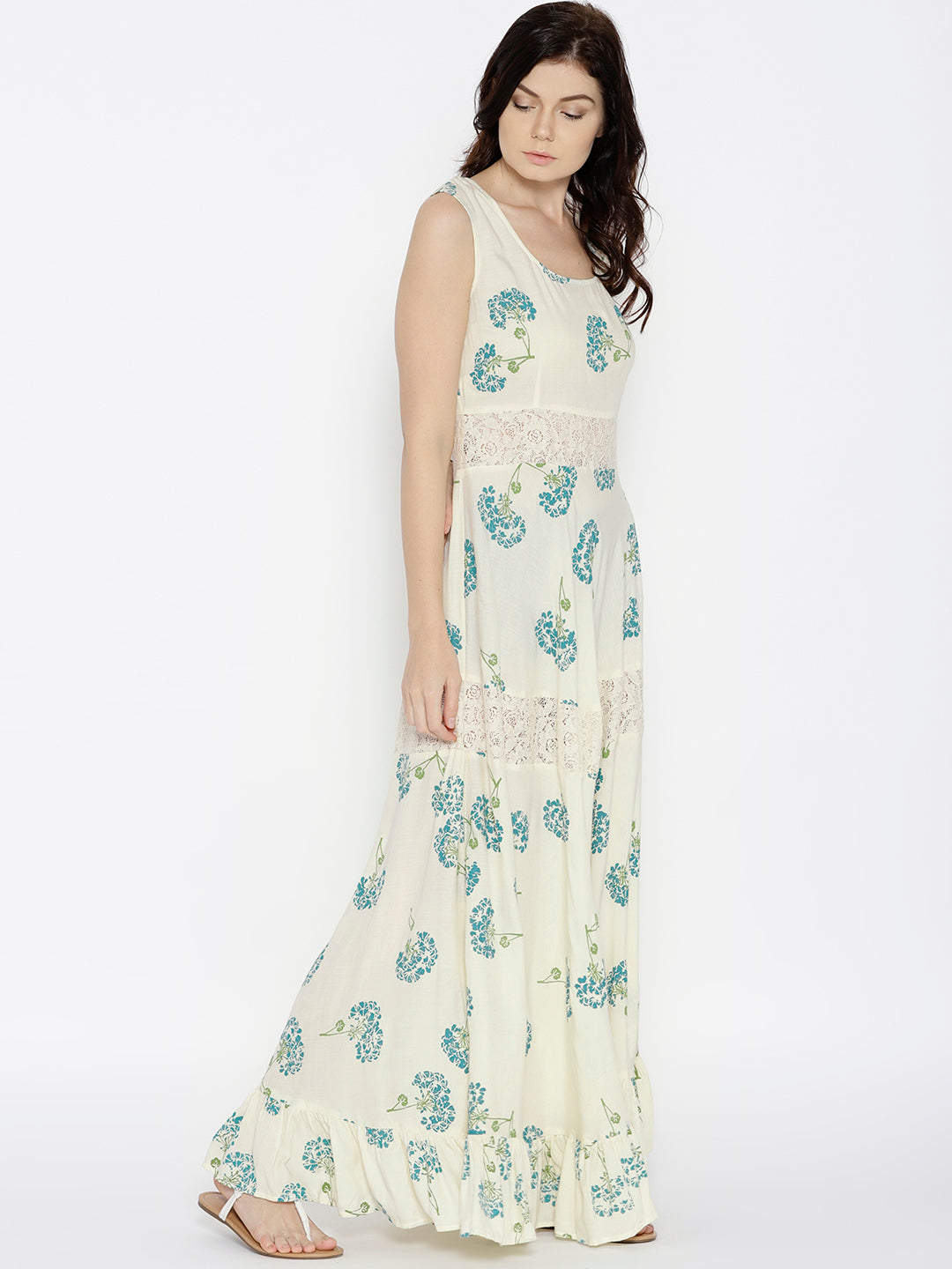 Floral printed maxi dress with lace inserts with Blue Print
