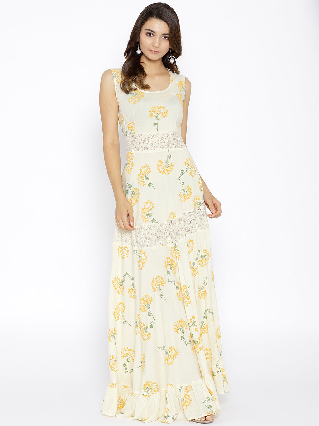 Floral printed maxi dress with lace inserts with Yellow print