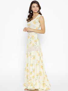 Floral printed maxi dress with lace inserts with Yellow print