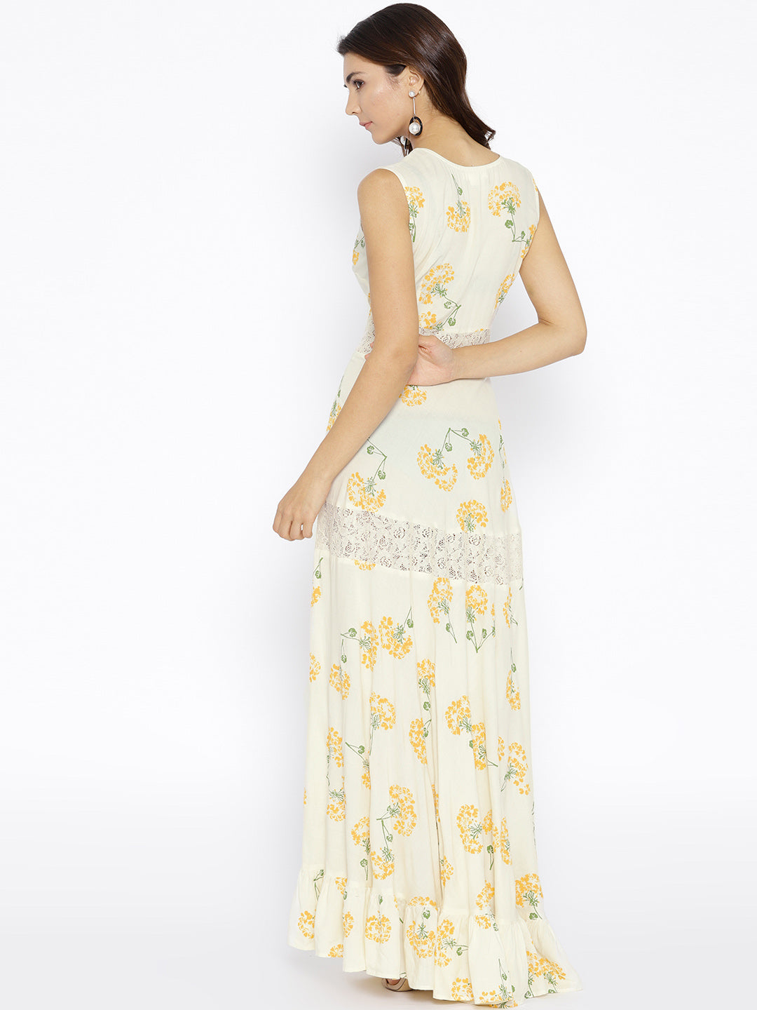 Floral printed maxi dress with lace inserts with Yellow print