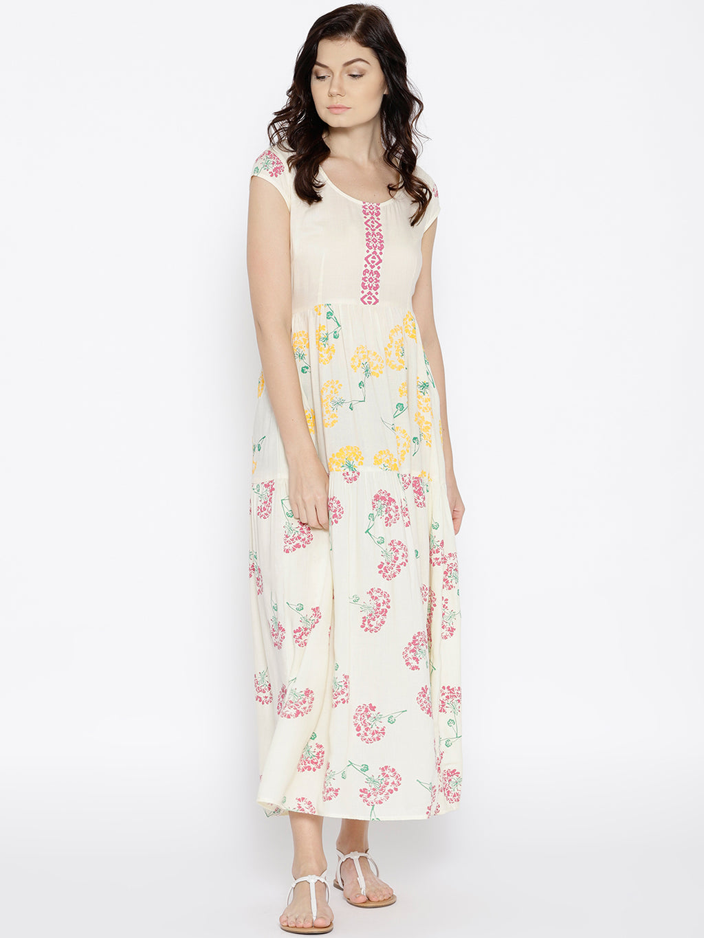 Double color floral printed maxi dress in off white