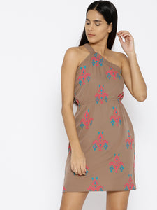 One shoulder elastic Ikat printed dress in Mocha color