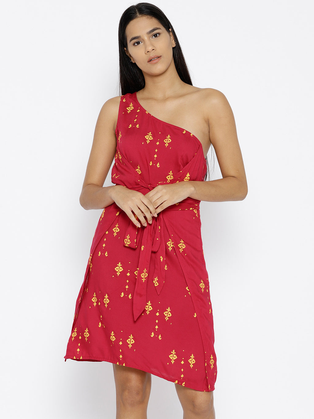 One shoulder overlap cross tie Printed Dress in Red