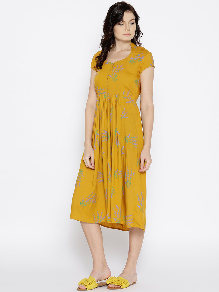 Buy Midi pleated dress with lavender print on Mustard for Women