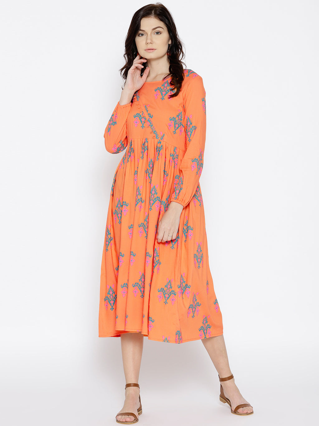 Midi dress with ikat print and balloon sleeve in Peach