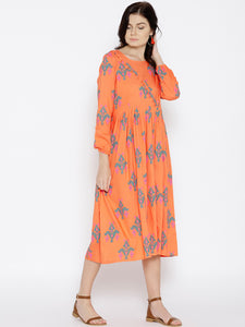 Midi dress with ikat print and balloon sleeve in Peach