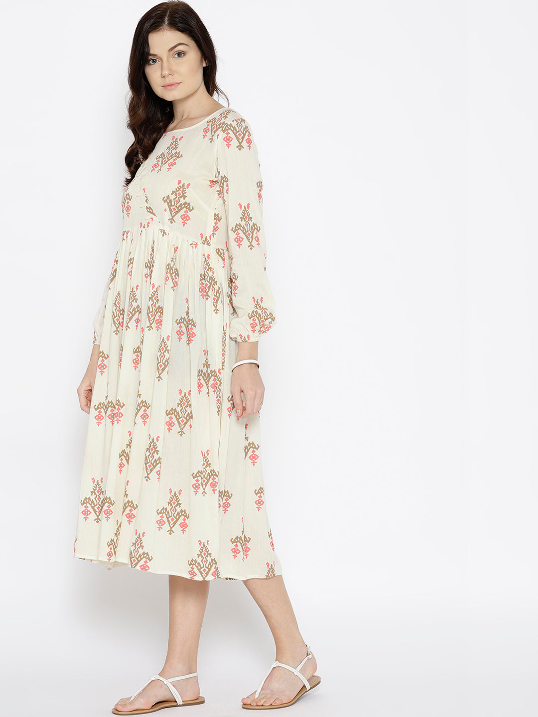 Midi dress with ikat print and balloon sleeve in Off White
