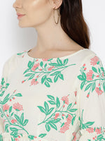 Foral Print Midi Dress with bell sleeve in Off White