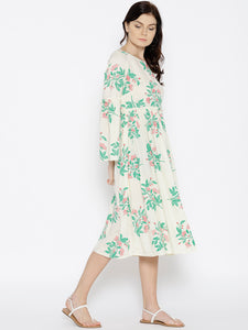 Foral Print Midi Dress with bell sleeve in Off White