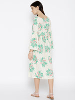 Foral Print Midi Dress with bell sleeve in Off White