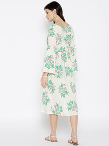 Foral Print Midi Dress with bell sleeve in Off White