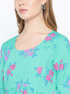 Floral printed top with flare in Mint Green