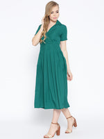 Box Pleated Midi Dress with collar in Forest Green