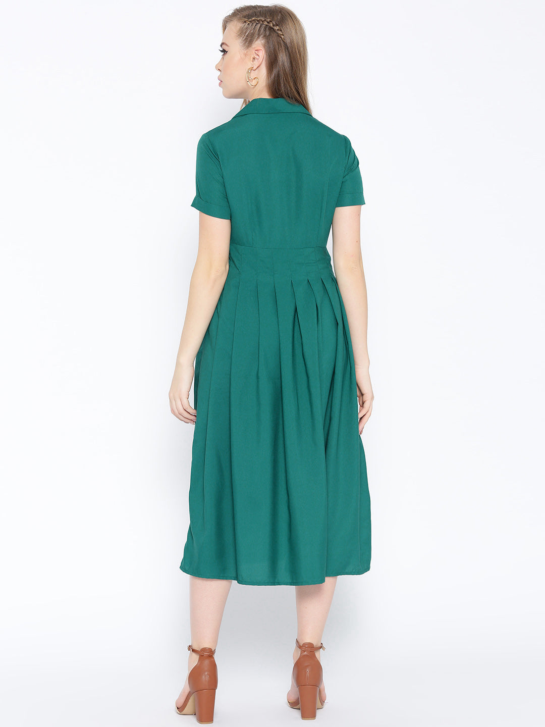 Box Pleated Midi Dress with collar in Forest Green