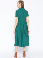 Box Pleated Midi Dress with collar in Forest Green