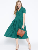 Box Pleated Midi Dress with collar in Forest Green