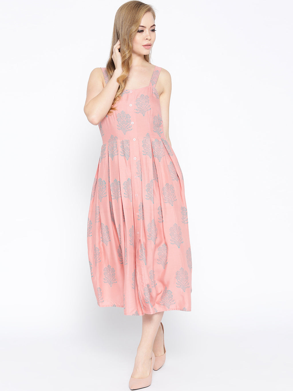 Strappy Box pleate Midi dress with front buttons in Dusty Pink