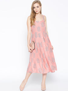 Strappy Box pleate Midi dress with front buttons in Dusty Pink