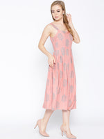 Strappy Box pleate Midi dress with front buttons in Dusty Pink