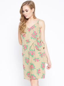 Overlap Rose Printed Dress with side tie up in Beige