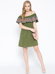 Off shoulder mini dress with print on the frill in Green