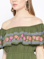 Off shoulder mini dress with print on the frill in Green