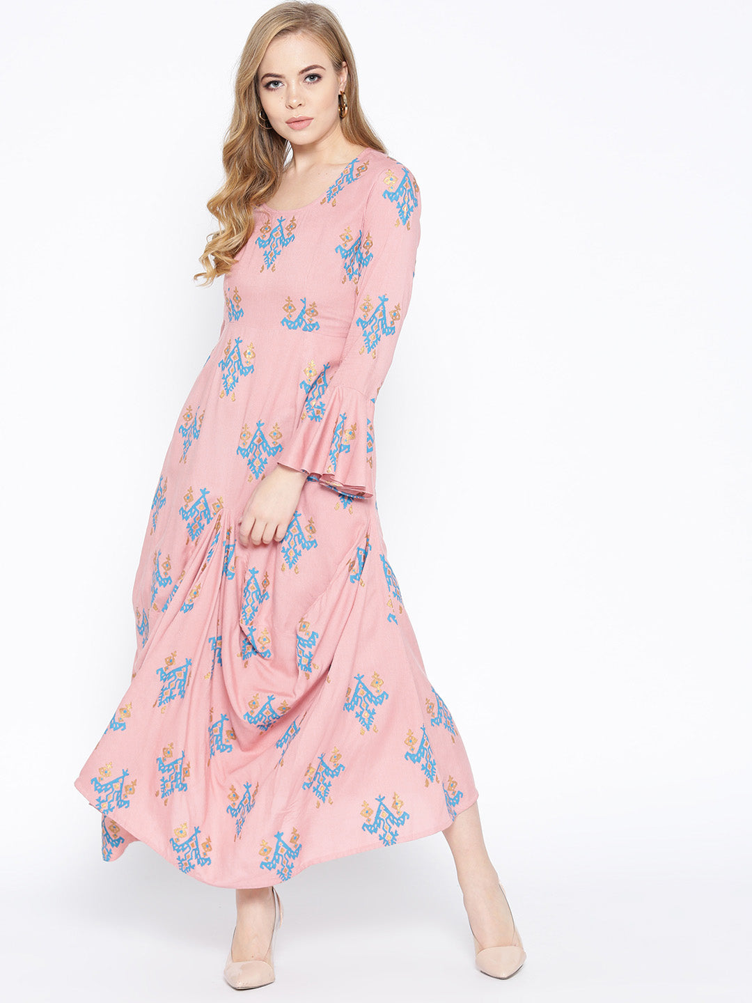 Bell Sleeve ikat print Long dress with front drape in Dusty Pink