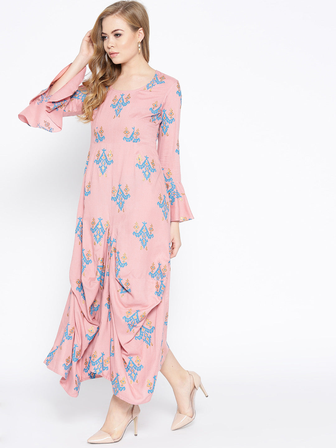 Bell Sleeve ikat print Long dress with front drape in Dusty Pink