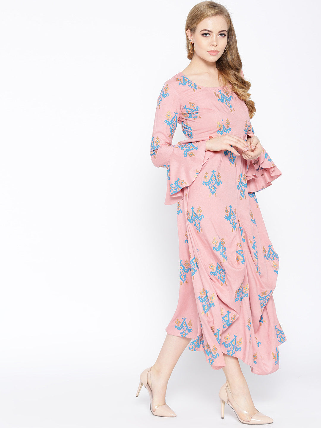 Bell Sleeve ikat print Long dress with front drape in Dusty Pink
