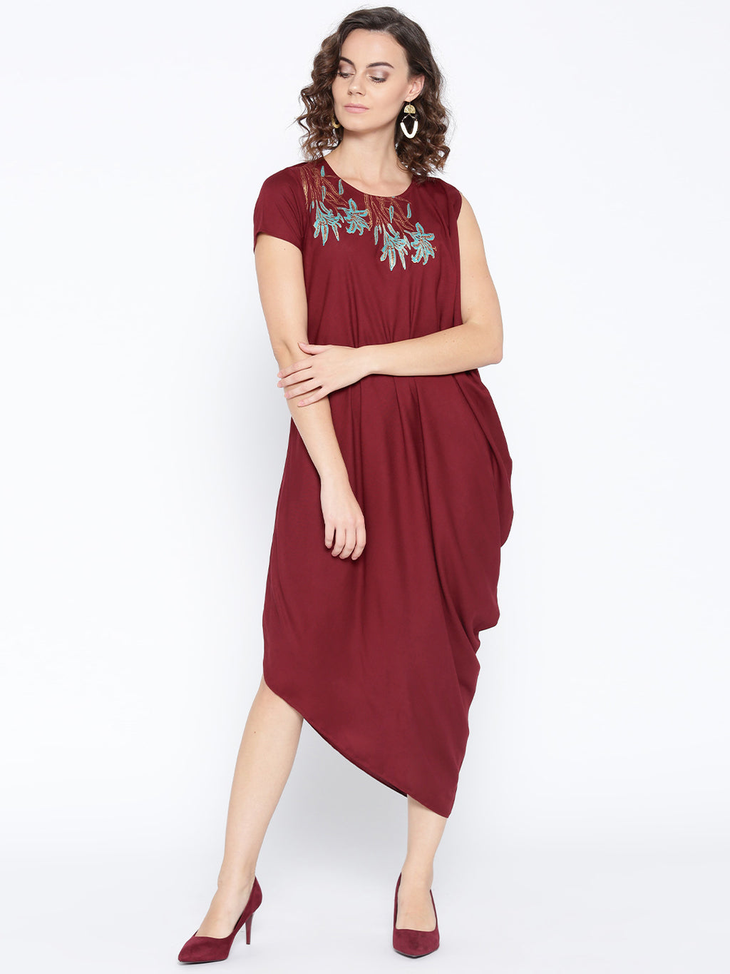 One side cowl asymettric dress with side floral print in Maroon