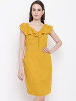 Front loop button pencil dress in mustard