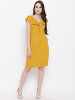 Front loop button pencil dress in mustard