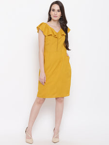 Front loop button pencil dress in mustard