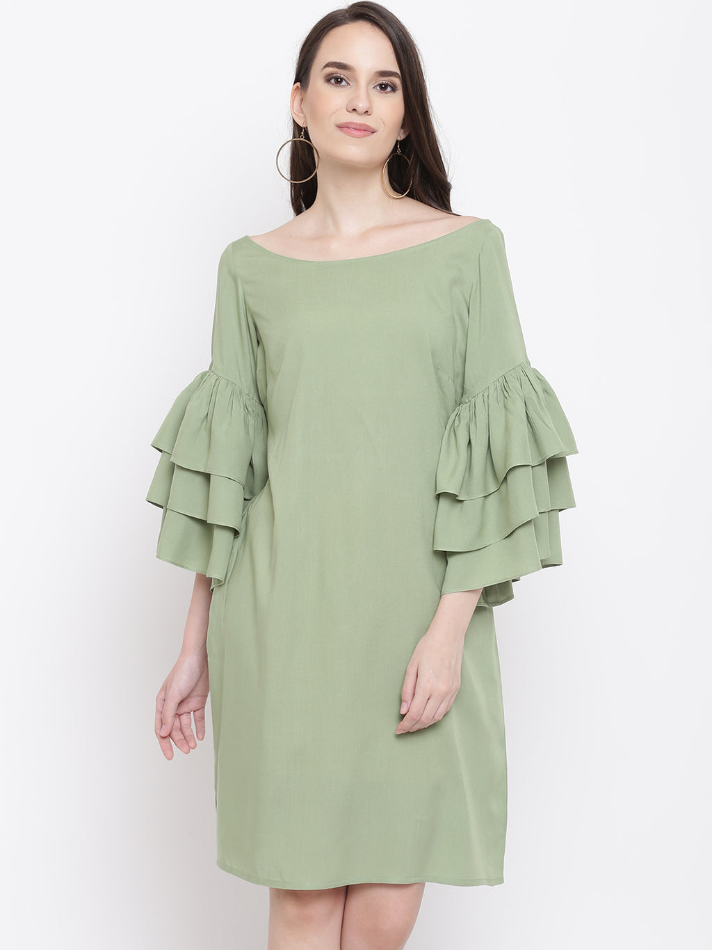 Triple Layered bell Sleeve shift dress in Pista Green