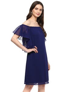 Off shoulder frill sleeve Dress in Midnight Blue