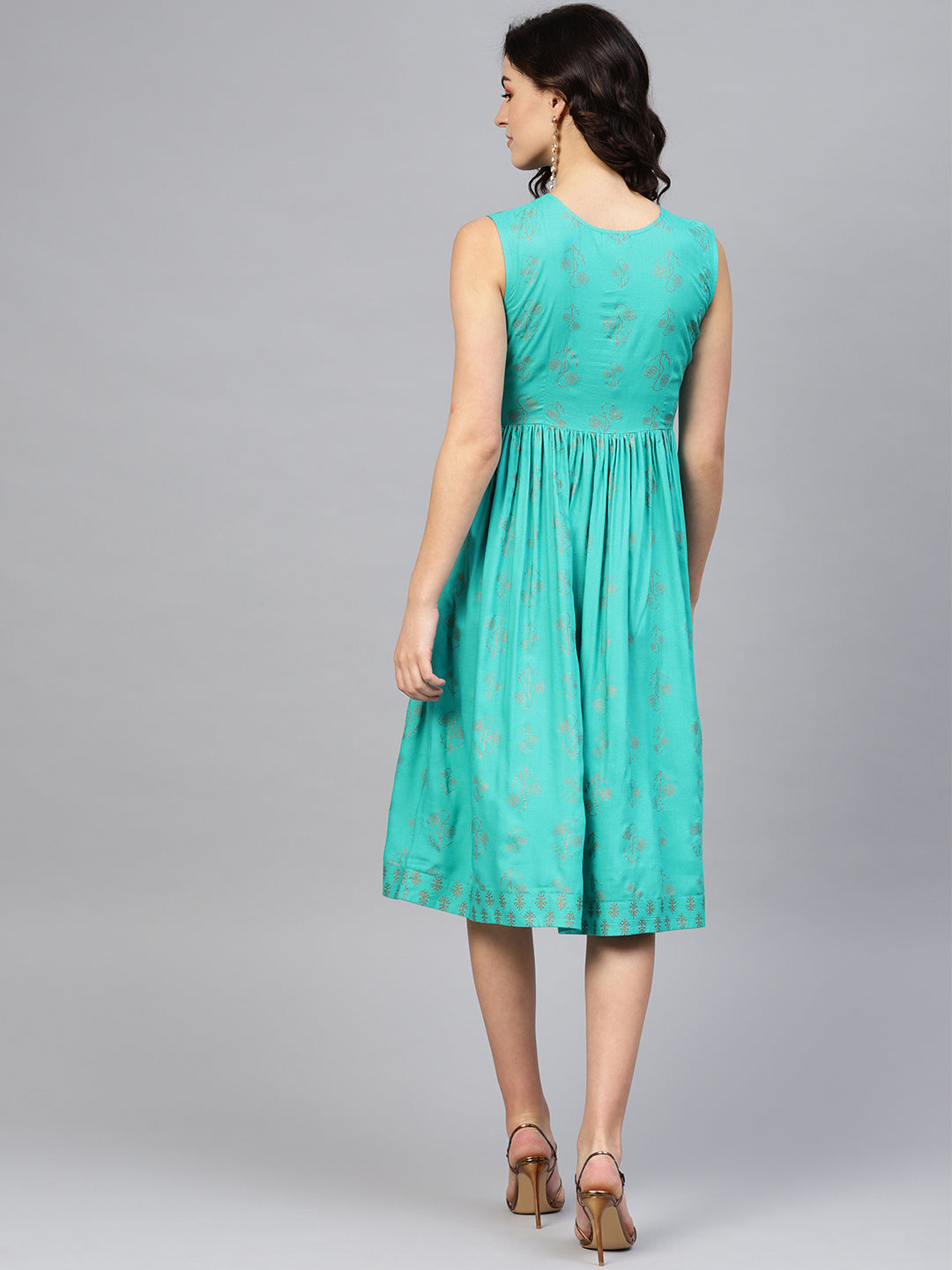 Printed Midi Dress with asymmetric overlap neck in Mint Blue