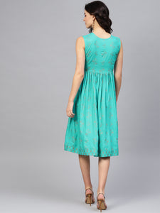 Printed Midi Dress with asymmetric overlap neck in Mint Blue