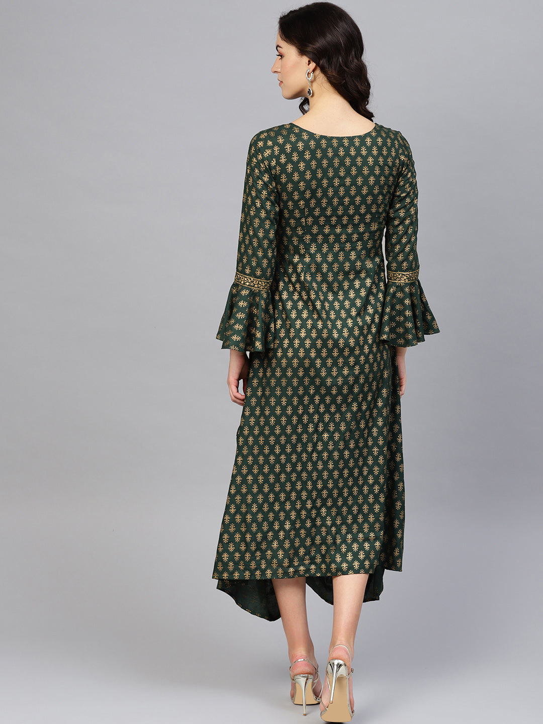 Bell sleeve printed long dress with front drape in Bottle Green