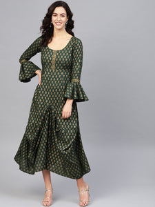 Bell sleeve printed long dress with front drape in Bottle Green